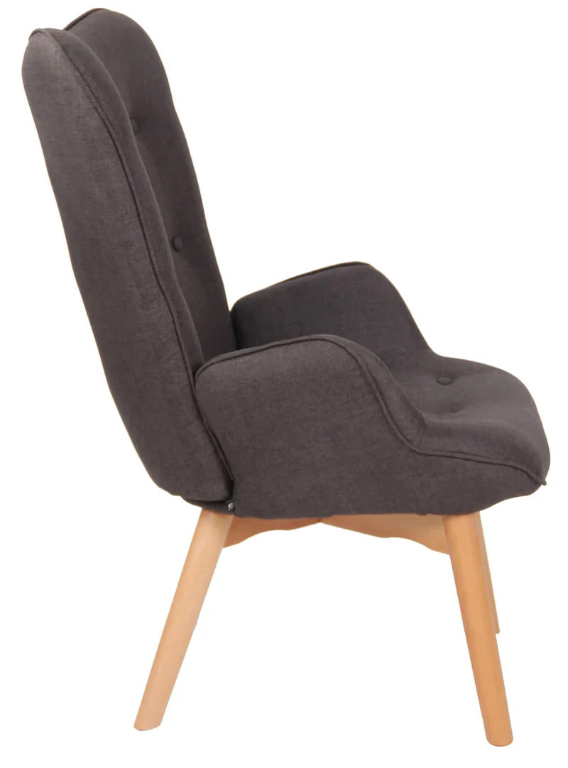 Fauteuil lounge style scandinave dossier haut boutons décoratifs en tissu gris foncé pieds en bois clair 10_0003601