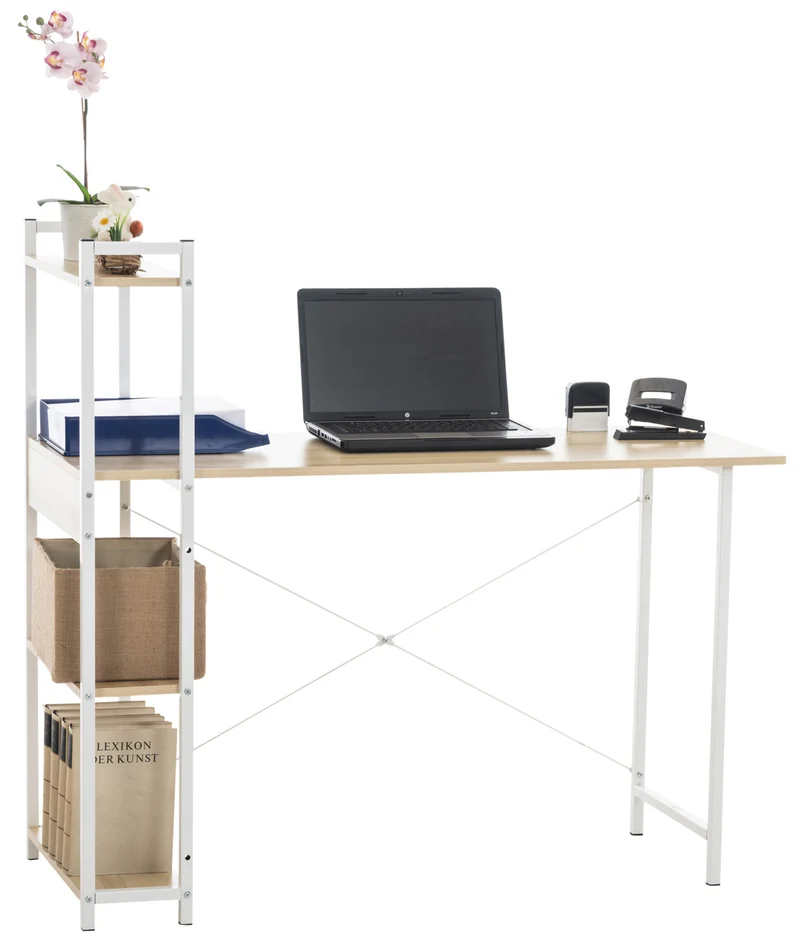 Bureau table de travail style rétro avec colonne de rangement étagère en bois érable et métal blanc 10_0003616