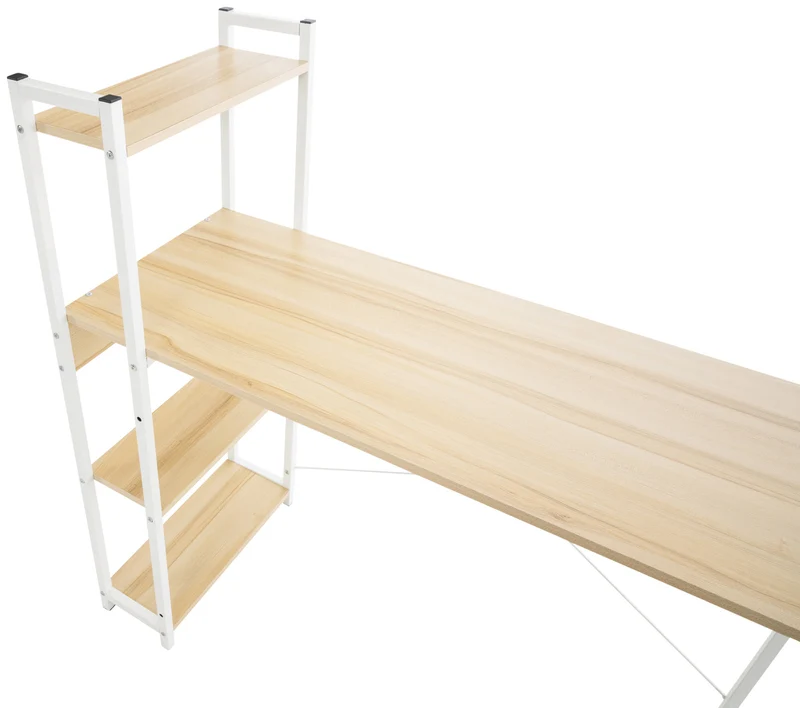 Bureau table de travail style rétro avec colonne de rangement étagère en bois érable et métal blanc 10_0003616