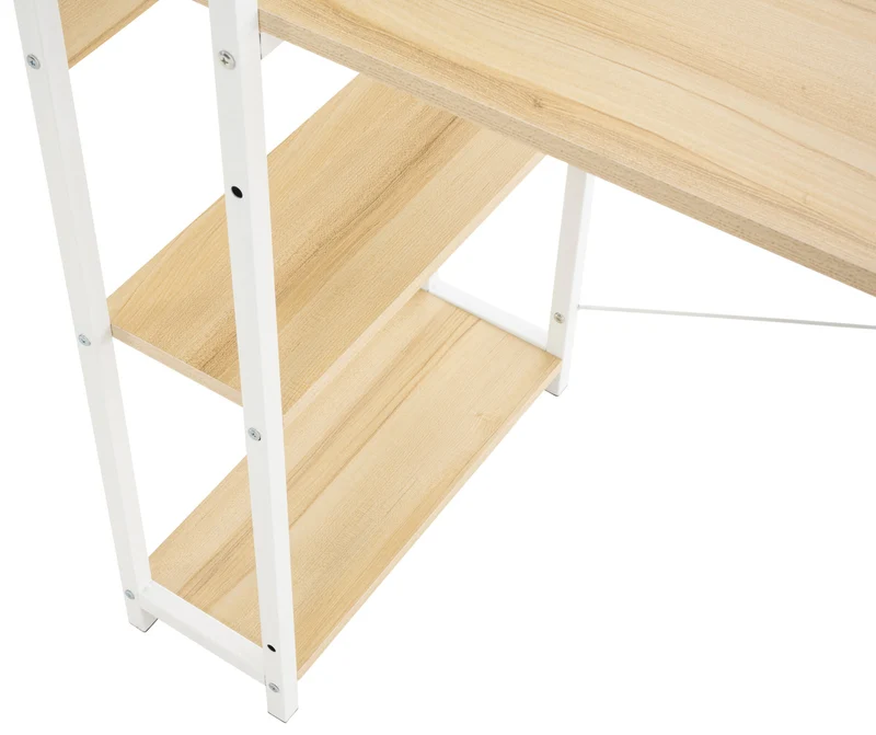 Bureau table de travail style rétro avec colonne de rangement étagère en bois érable et métal blanc 10_0003616