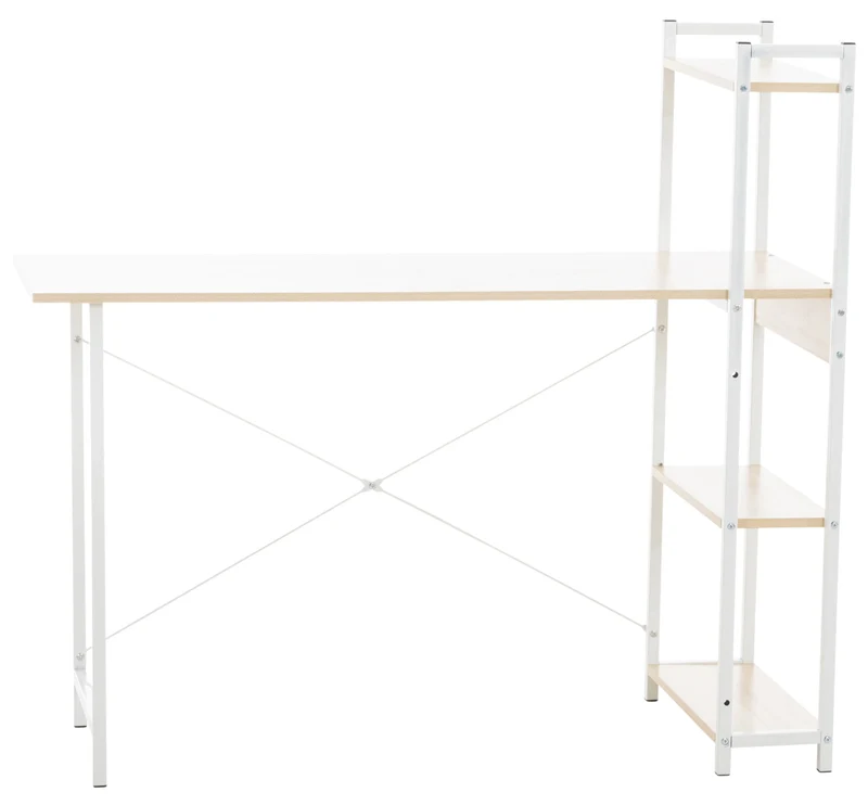 Bureau table de travail style rétro avec colonne de rangement étagère en bois érable et métal blanc 10_0003616
