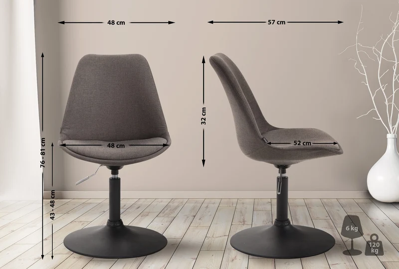 Chaise de salle à manger x1 pivotante hauteur réglable en tissu gris foncé et pied trompette en métal noir 10_0003770