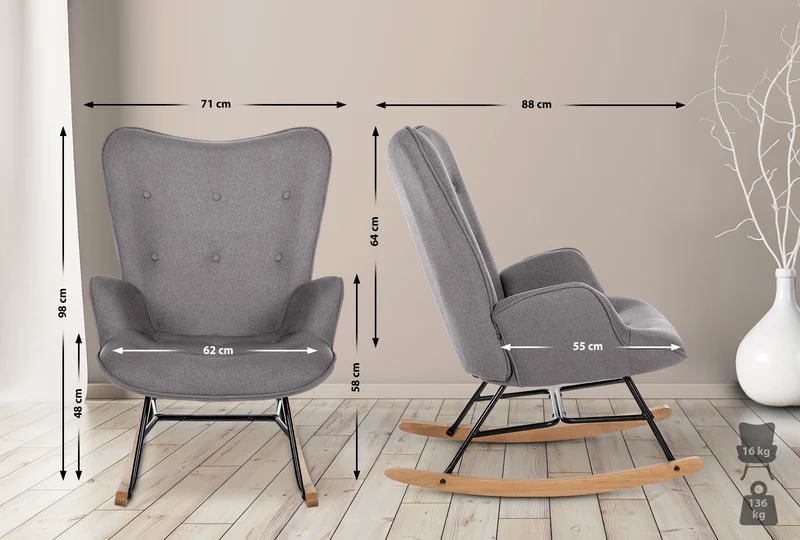 Fauteuil à bascule rocking chair en tissu gris capitonné cadre en métal et patins en bois 10_0003806