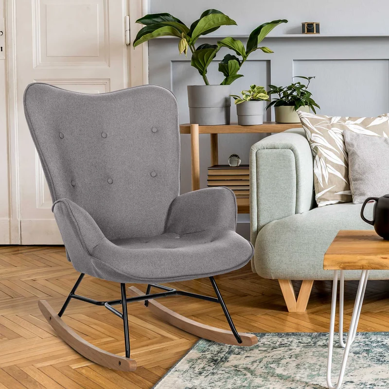 Fauteuil à bascule rocking chair en tissu gris capitonné cadre en métal et patins en bois 10_0003806