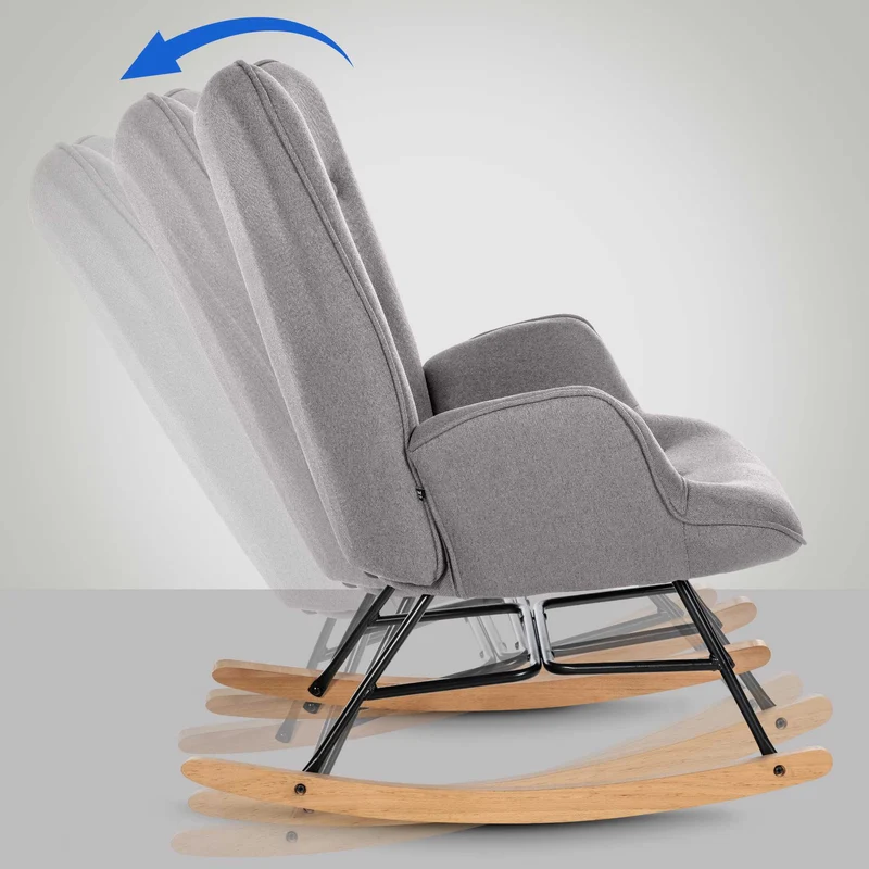 Fauteuil à bascule rocking chair en tissu gris capitonné cadre en métal et patins en bois 10_0003806