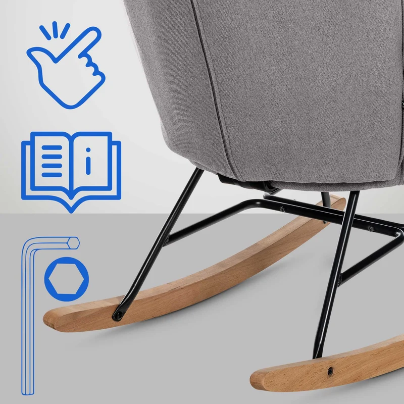 Fauteuil à bascule rocking chair en tissu gris capitonné cadre en métal et patins en bois 10_0003806