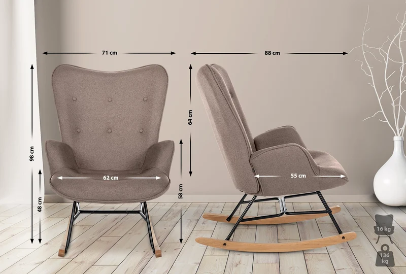 Fauteuil à bascule rocking chair en tissu taupe capitonné cadre en métal et patins en bois 10_0003808