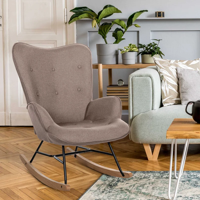 Fauteuil à bascule rocking chair en tissu taupe capitonné cadre en métal et patins en bois 10_0003808