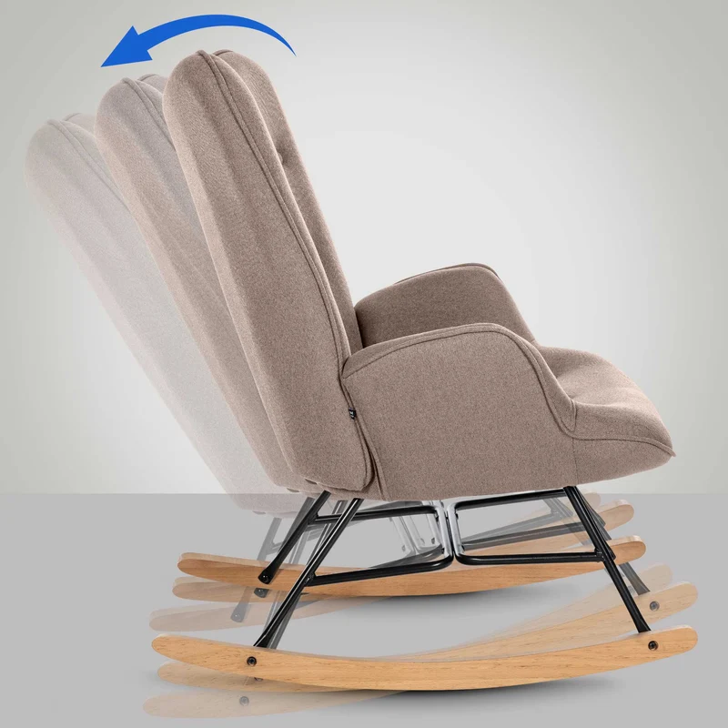 Fauteuil à bascule rocking chair en tissu taupe capitonné cadre en métal et patins en bois 10_0003808