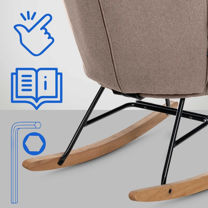 Fauteuil à bascule rocking chair en tissu taupe capitonné cadre en métal et patins en bois 10_0003808