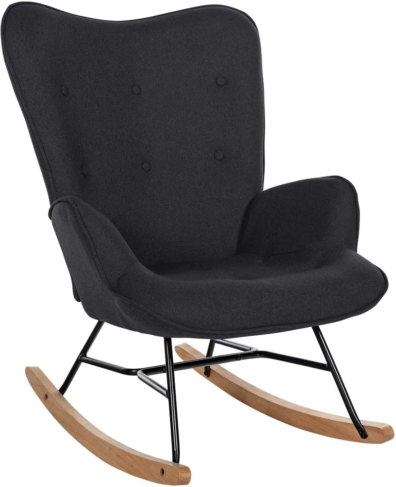 Fauteuil à bascule rocking chair en tissu noir capitonné cadre en métal et patins en bois 10_0003807