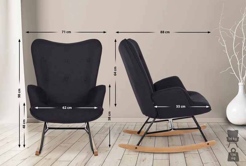Fauteuil à bascule rocking chair en tissu noir capitonné cadre en métal et patins en bois 10_0003807