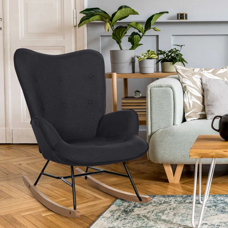 Fauteuil à bascule rocking chair en tissu noir capitonné cadre en métal et patins en bois 10_0003807