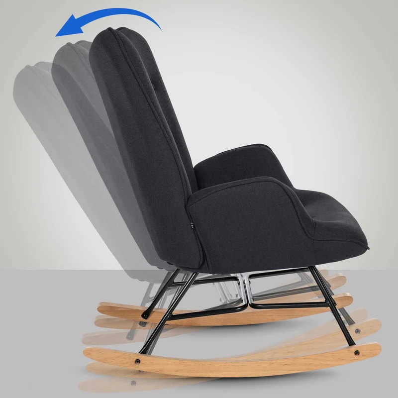 Fauteuil à bascule rocking chair en tissu noir capitonné cadre en métal et patins en bois 10_0003807