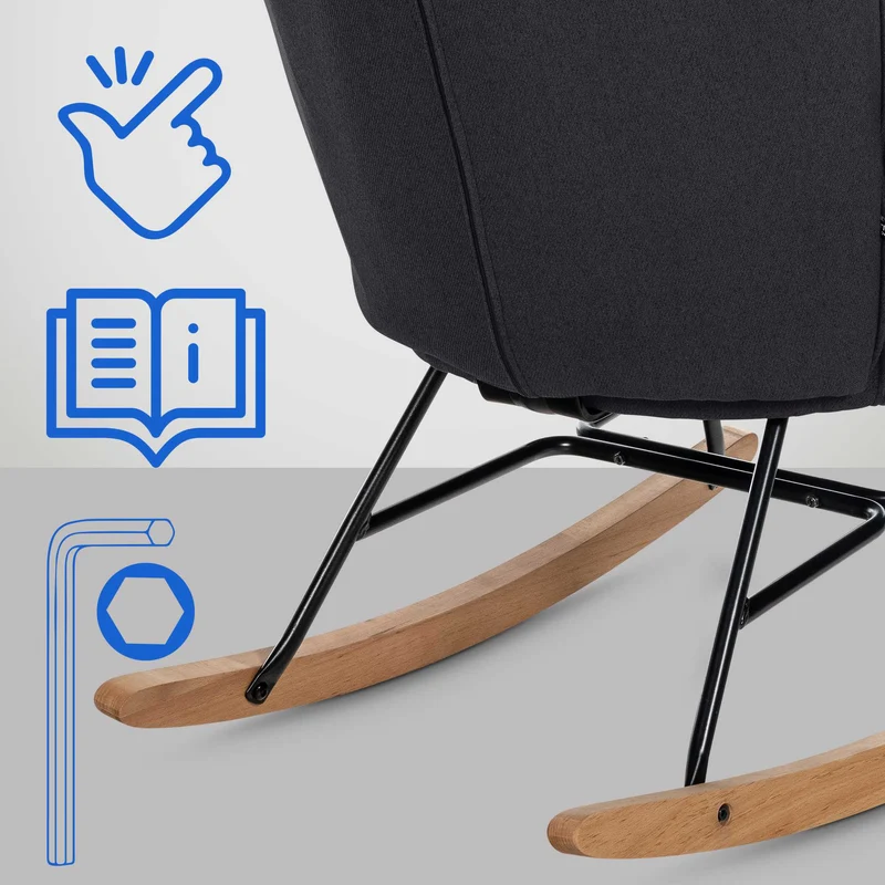 Fauteuil à bascule rocking chair en tissu noir capitonné cadre en métal et patins en bois 10_0003807