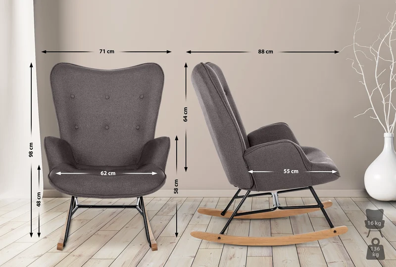 Fauteuil à bascule rocking chair en tissu gris foncé capitonné cadre en métal et patins en bois 10_0003805