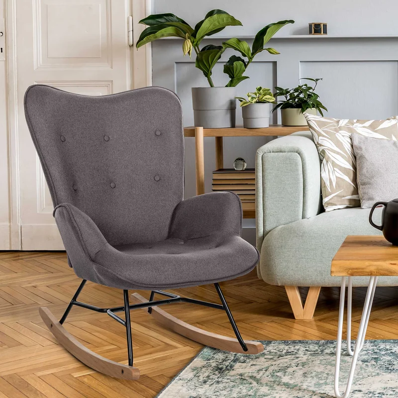Fauteuil à bascule rocking chair en tissu gris foncé capitonné cadre en métal et patins en bois 10_0003805