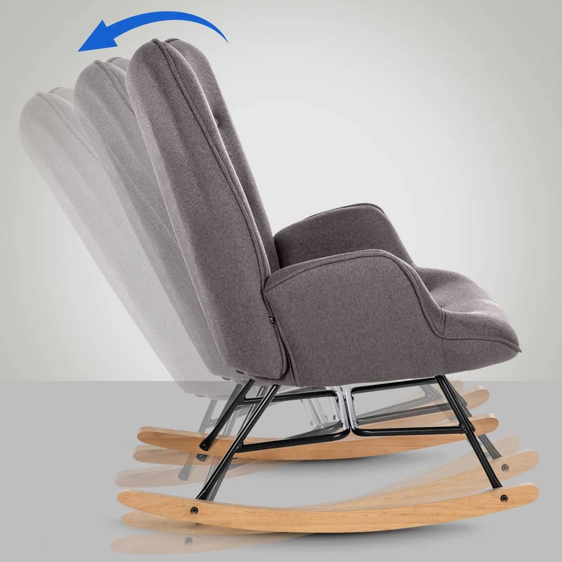 Fauteuil à bascule rocking chair en tissu gris foncé capitonné cadre en métal et patins en bois 10_0003805