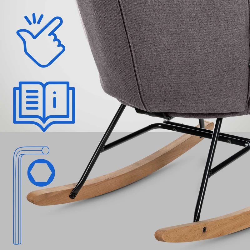 Fauteuil à bascule rocking chair en tissu gris foncé capitonné cadre en métal et patins en bois 10_0003805