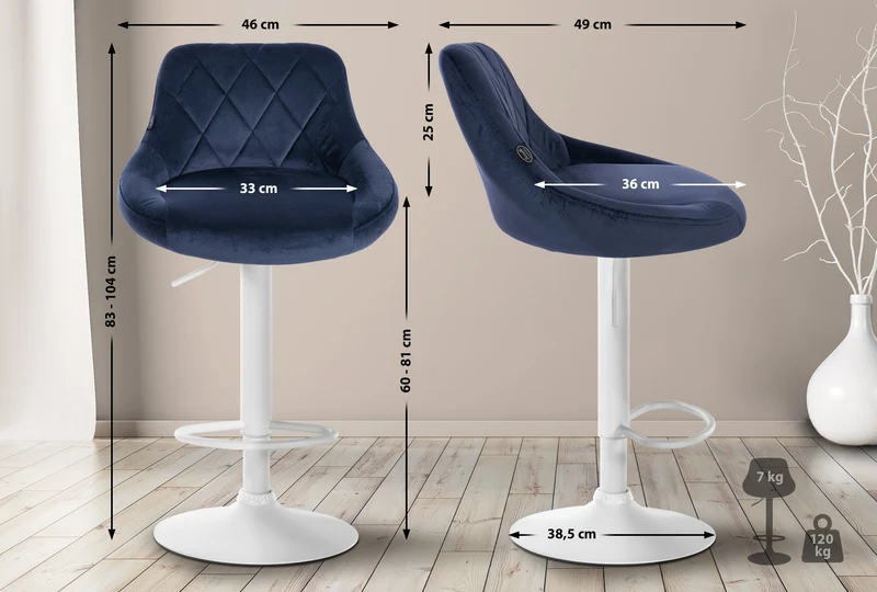 Lot de 2 tabourets de bar siège pivotant sur 360° en tissu bleu et métal blanc 10_0004270