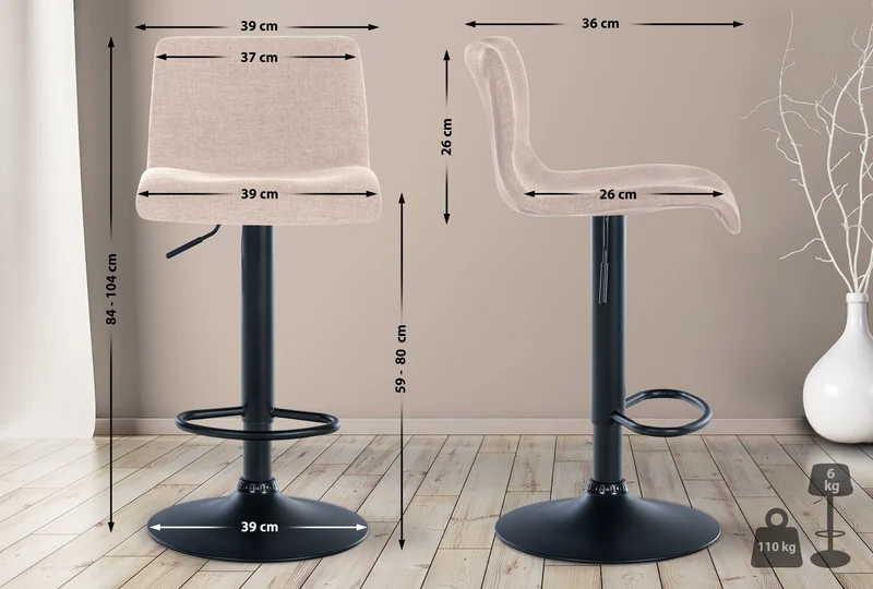 Tabouret de bar x1 design simple avec repose-pieds en tissu crème pieds en métal noir 10_0004556