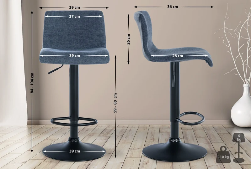 Tabouret de bar x1 design simple avec repose-pieds en tissu bleu pieds en métal noir 10_0004555