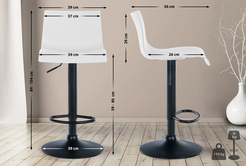 Tabouret de bar x1 design simple avec repose-pieds en plastique blanc pieds en métal noir 10_0004553