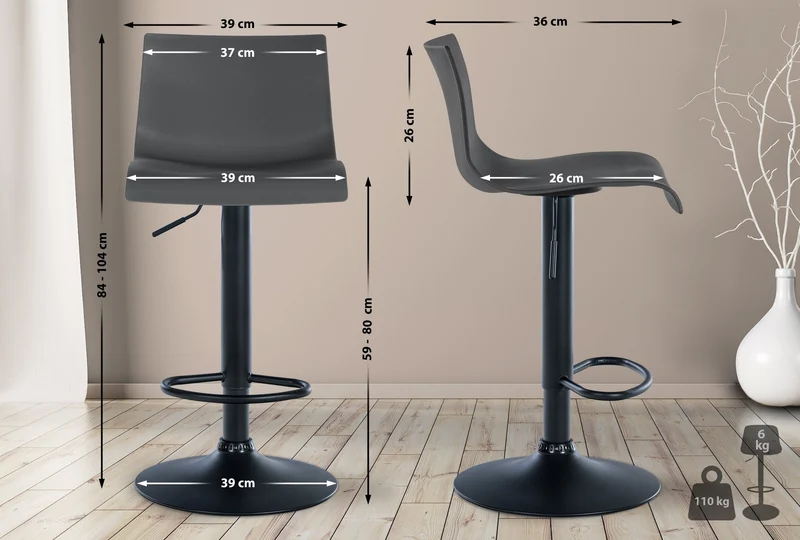 Lot de 2 tabourets de bar design simple avec repose-pieds en plastique gris pieds en métal noir 10_0004045