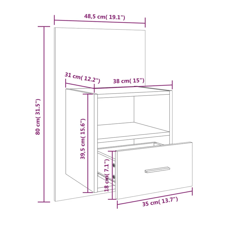 Table de chevet murale avec tiroir et compartiment ouvert 48,5 x 32,5 x 80 cm en bois d'ingénierie marron DEC034266