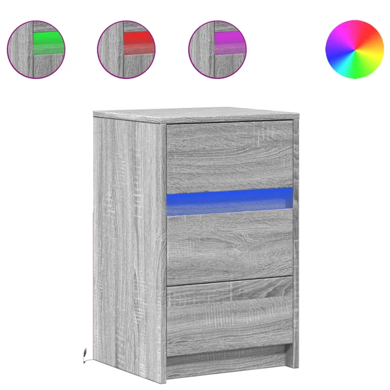 Table de chevet et lumières LED avec tiroirs 38 x 34 x 61 cm en bois d'ingénierie gris DEC032807