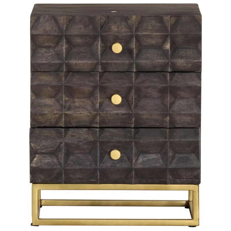 Table de chevet design de blocs et 3 tiroirs 40 x 30 x 50 cm bois de manguier noir et fer DEC034396