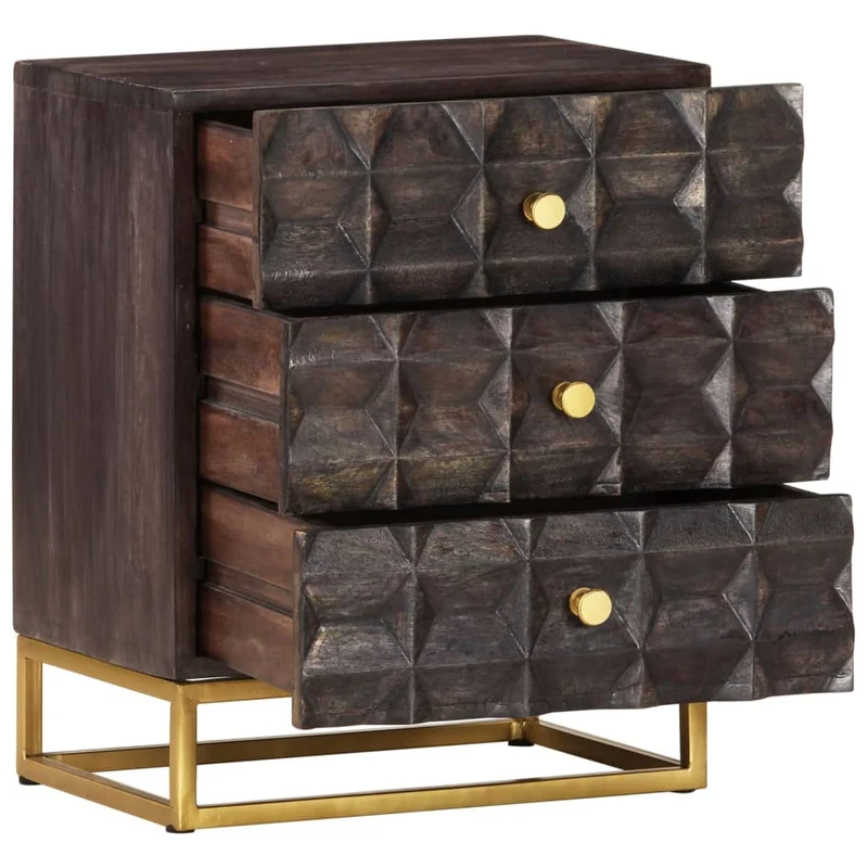 Table de chevet design de blocs et 3 tiroirs 40 x 30 x 50 cm bois de manguier noir et fer DEC034396