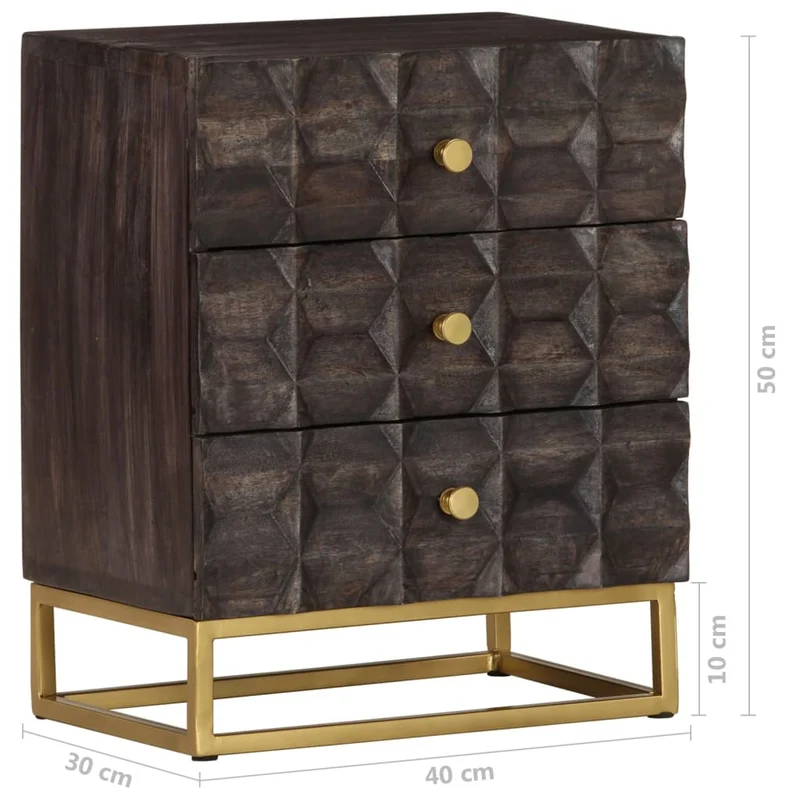 Table de chevet design de blocs et 3 tiroirs 40 x 30 x 50 cm bois de manguier noir et fer DEC034396