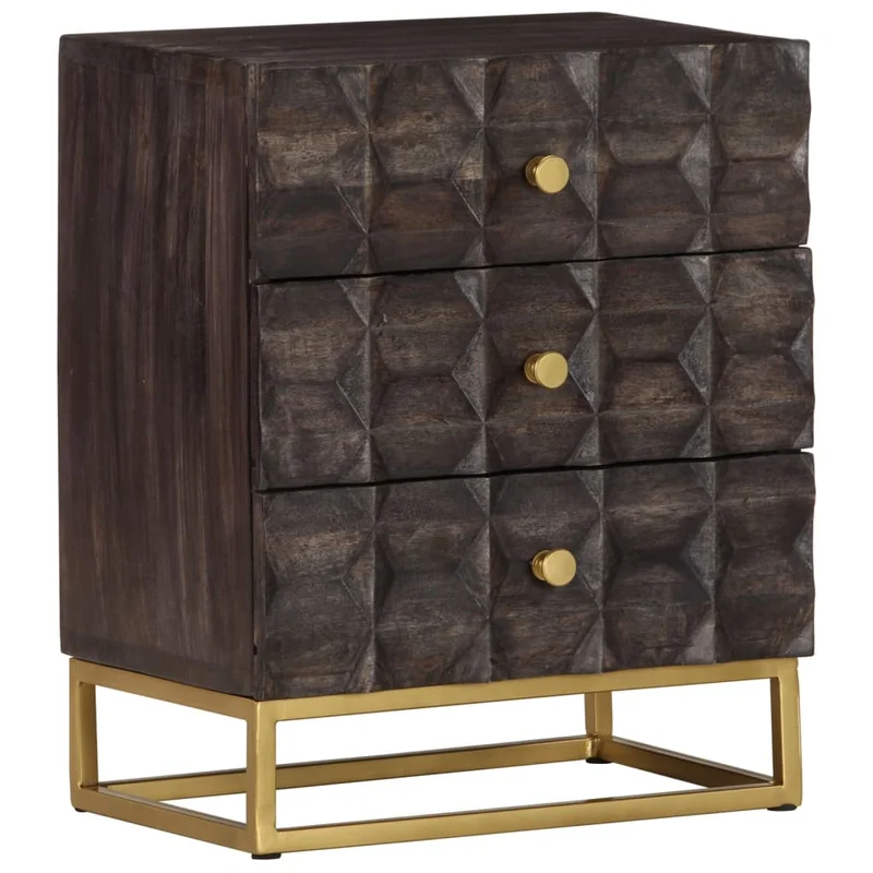 Table de chevet design de blocs et 3 tiroirs 40 x 30 x 50 cm bois de manguier noir et fer DEC034396