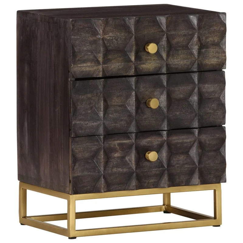 Table de chevet design de blocs et 3 tiroirs 40 x 30 x 50 cm bois de manguier noir et fer DEC034396