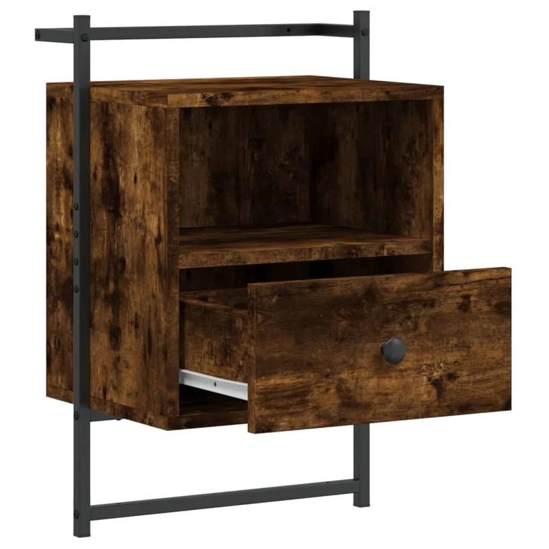 Table de chevet murale avec tiroir et compartiment ouvert 40 x 30 x 61 cm bois d'ingénierie marron et métal DEC034256