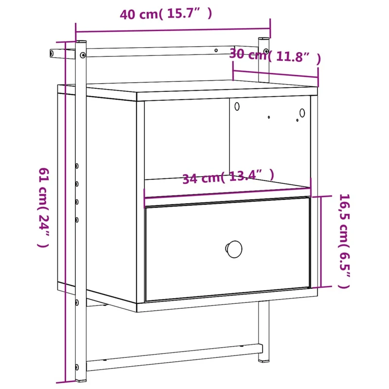 Table de chevet murale avec tiroir et compartiment ouvert 40 x 30 x 61 cm bois d'ingénierie marron et métal DEC034256