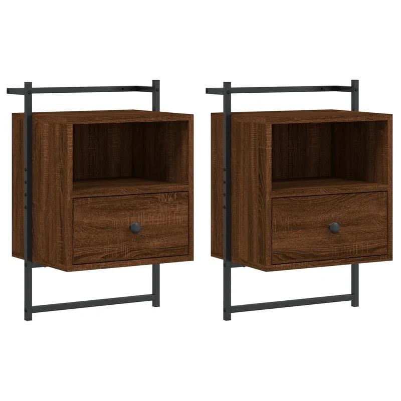 Lot de 2 tables de chevet murale avec tiroir et compartiment ouvert 40 x 30 x 61 cm bois d'ingénierie marron et métal DEC034155