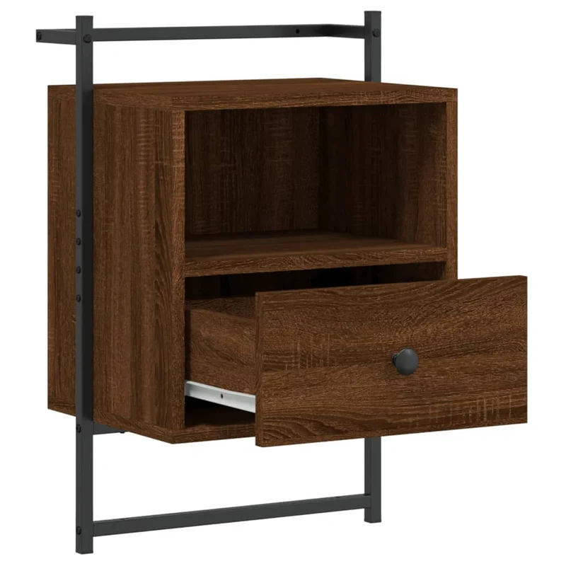 Lot de 2 tables de chevet murale avec tiroir et compartiment ouvert 40 x 30 x 61 cm bois d'ingénierie marron et métal DEC034155
