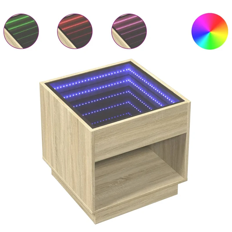 Table de chevet avec miroir à LED et compartiment ouvert 50 x 50 x 50 cm bois d'ingénierie couleur chêne verre DEC033149