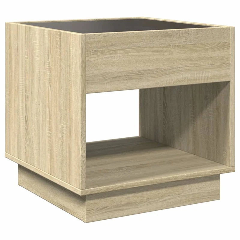 Table de chevet avec miroir à LED et compartiment ouvert 50 x 50 x 50 cm bois d'ingénierie couleur chêne verre DEC033149