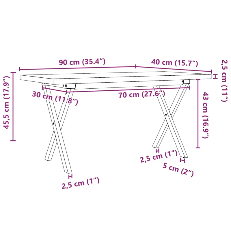 Table basse rectangulaire style industriel cadre en x 90 x 40 x 45,5cm bois de pin et acier forme de X DEC036274
