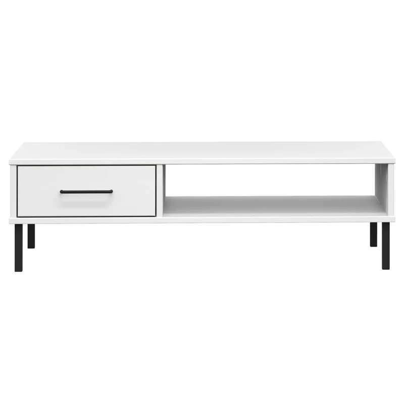 Table basse de salon design moderne avec pieds en métal tiroir et compartiment ouvert bois pin blanc DEC037709