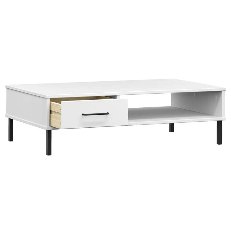 Table basse de salon design moderne avec pieds en métal tiroir et compartiment ouvert bois pin blanc DEC037709
