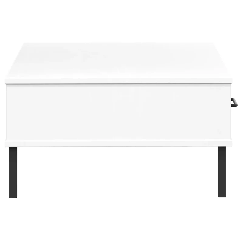Table basse de salon design moderne avec pieds en métal tiroir et compartiment ouvert bois pin blanc DEC037709