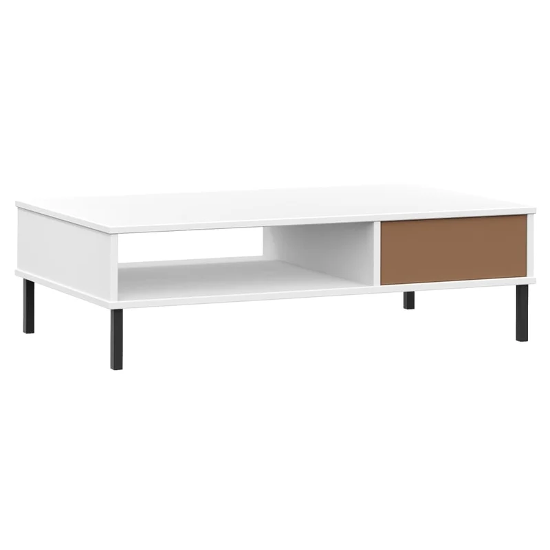 Table basse de salon design moderne avec pieds en métal tiroir et compartiment ouvert bois pin blanc DEC037709