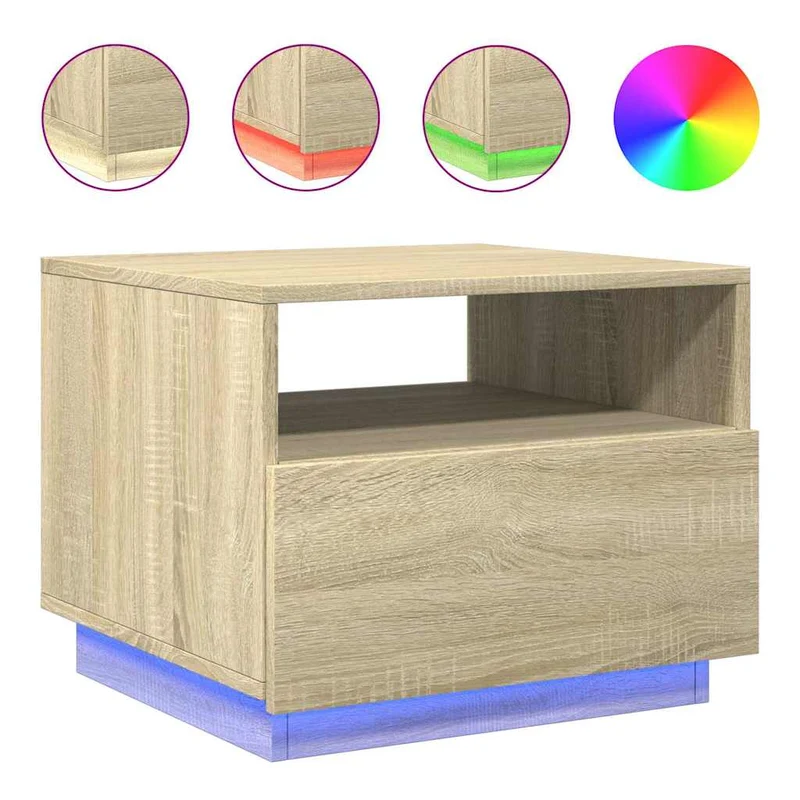 Table basse de salon avec tiroir design moderne avec lumières LED 50 x 49 x 40 cm bois d'ingénierie couleur chêne DEC037644