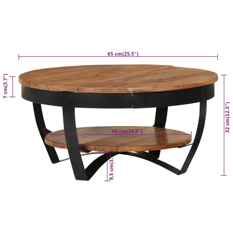 Table basse de salon design industriel 65 x 65 x 32 cm bois d'acacia avec finition marron miel et acier enduit de poudre DEC037112