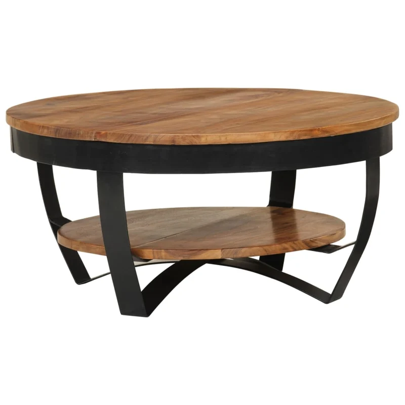 Table basse de salon design industriel 65 x 65 x 32 cm bois d'acacia avec finition marron miel et acier enduit de poudre DEC037112