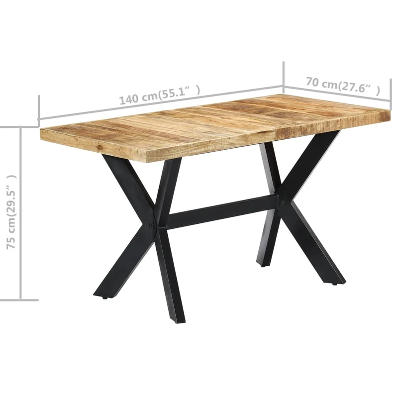 Table de salle à manger design industriel 140 x 70 x 75 cm bois de manguier avec cadre croisé en acier noir DEC036711